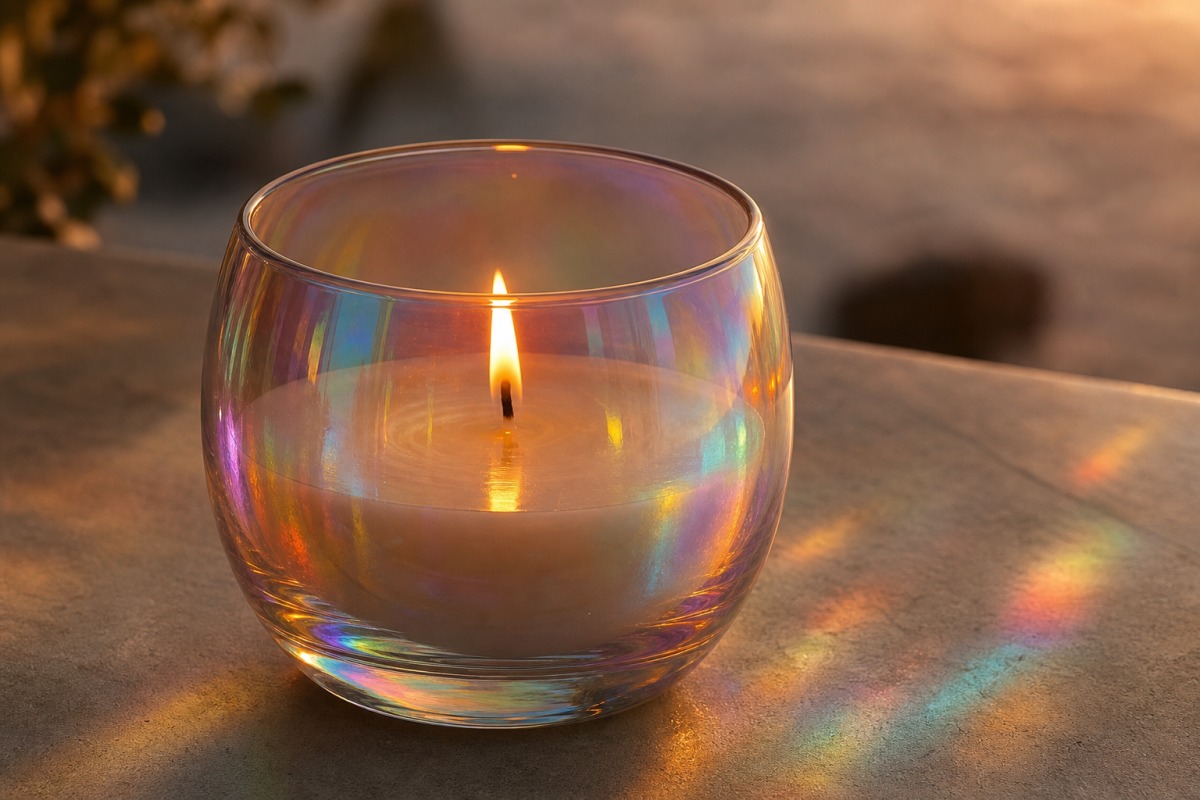Bougie végétale sans paillettes brûlant dans un verre holographique dichroïque, qui réfracte la lumière de la flamme en reflets arc-en-ciel.