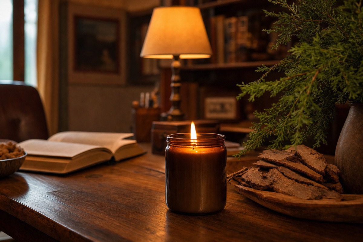 Bougie boisée posée sur un bureau, à côté d'un livre ouvert