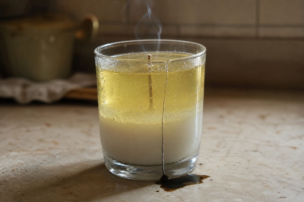 Verre fin contenant une bougie gel limonade à deux couches, fendue sur toute la hauteur du fond jusqu'au bord, avec une flaque d'huile sur le plan de travail