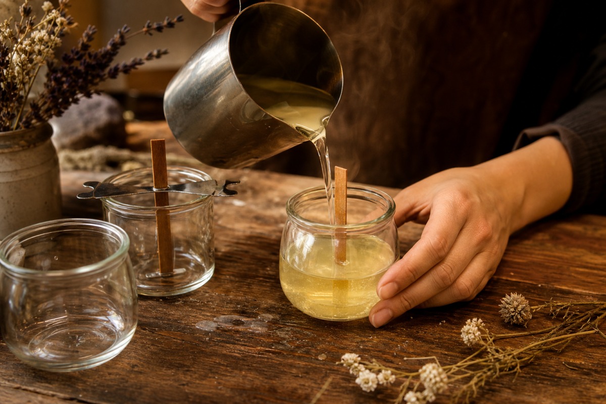 Coulage à la main de cire végétale fondue dans un verre avec une mèche en bois, dans un atelier