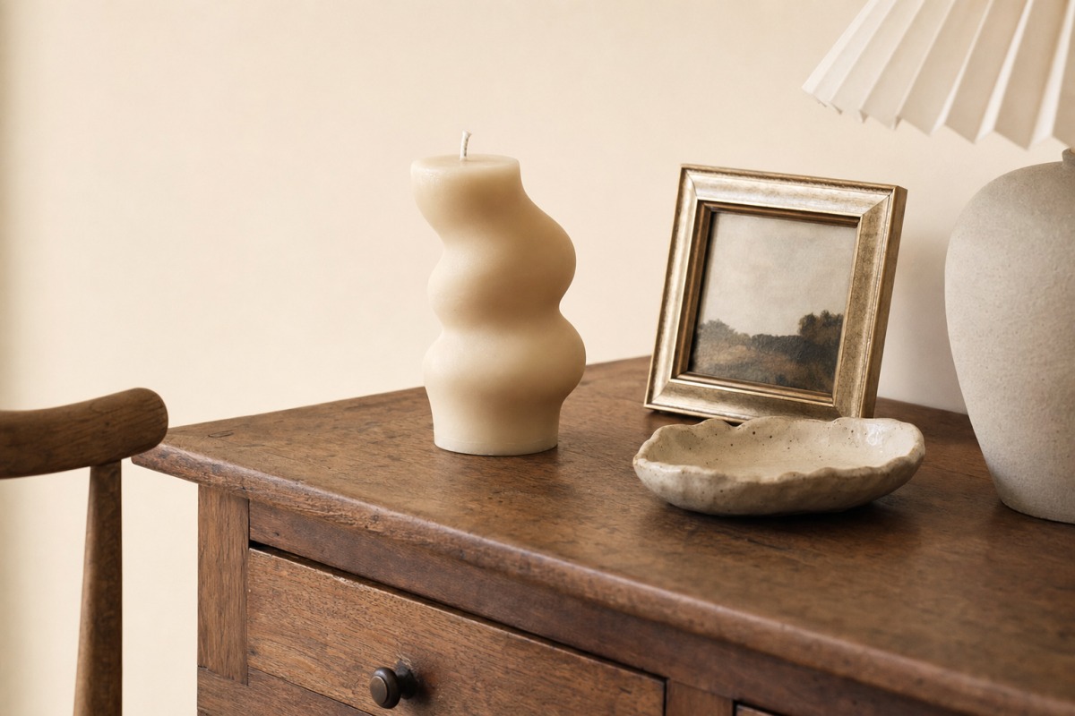 Bougie artisanale non allumée, posée comme une décoration sur une commode