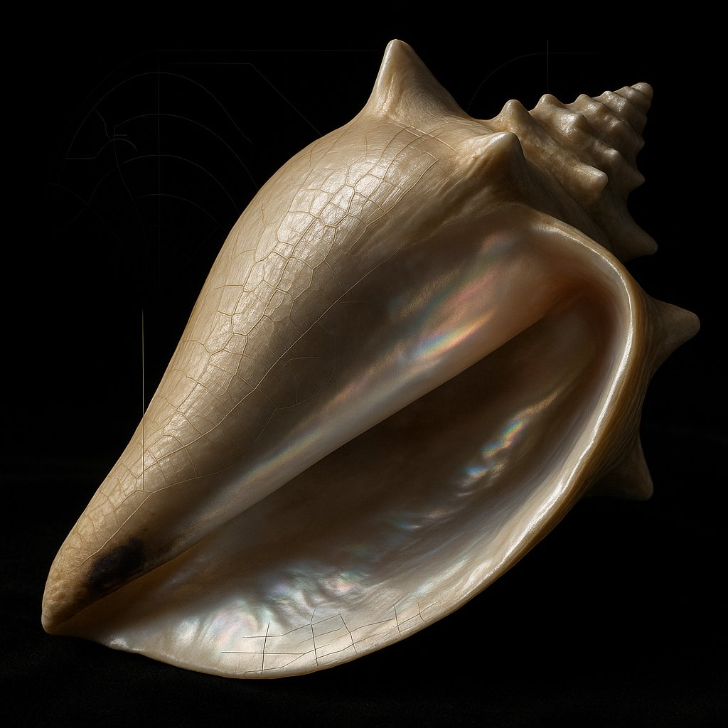 Coquille Strombus avec la zone de fissuration thermique de la paroi indiquée
