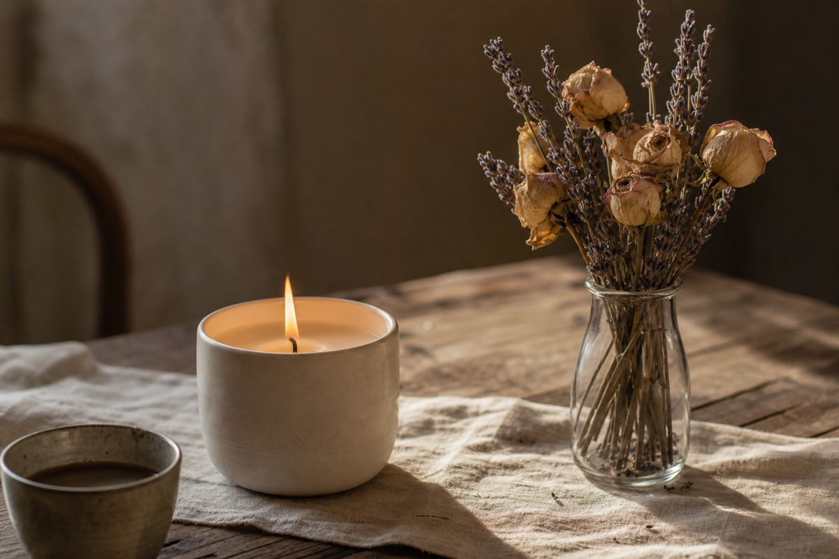 Bougie propre allumée dans un récipient en céramique à gauche et, séparément à droite, un vase en verre avec des roses et de la lavande séchées