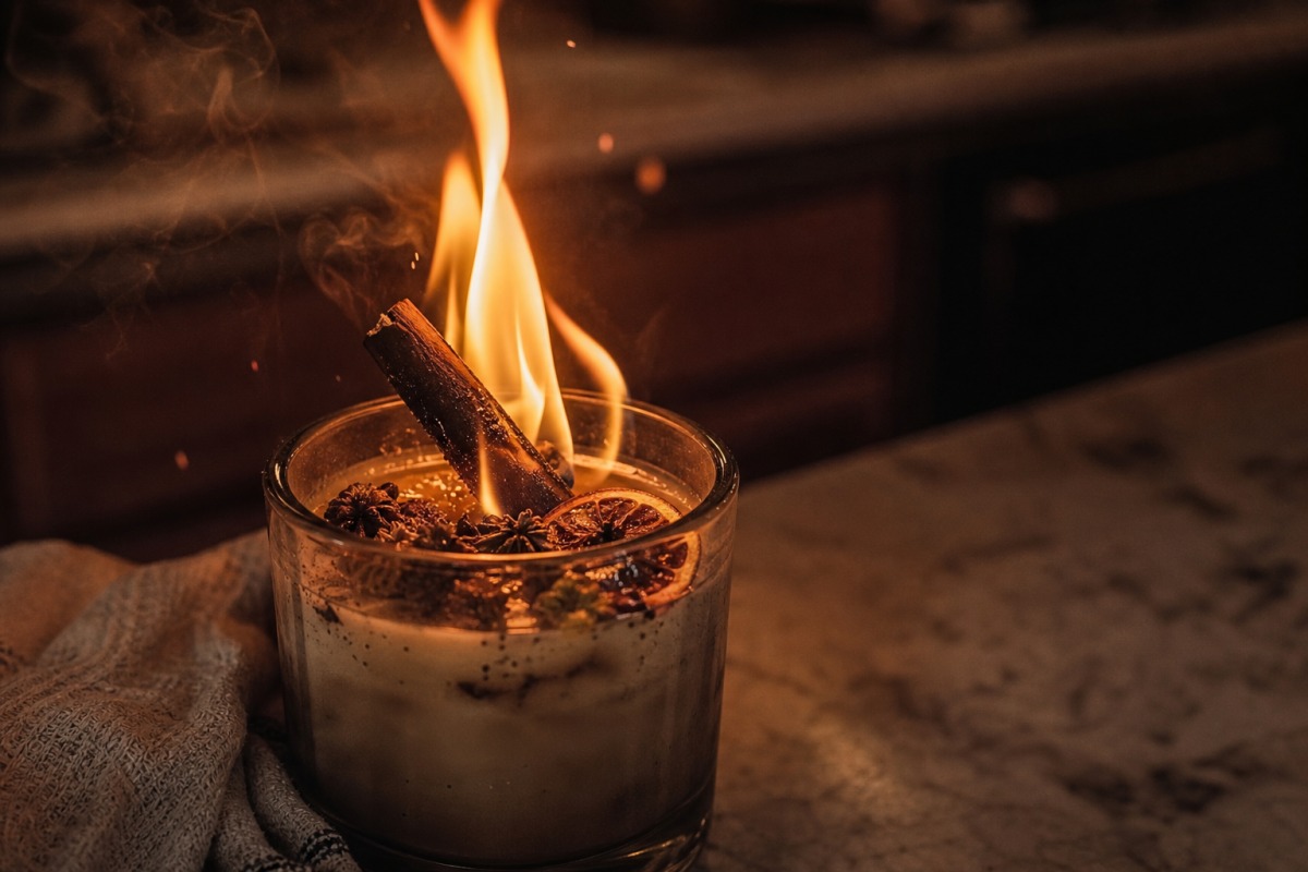 Bougie sur un plan de travail de cuisine avec une flamme jaillissant haut autour d'un bâton de cannelle qui se consume et d'une orange séchée