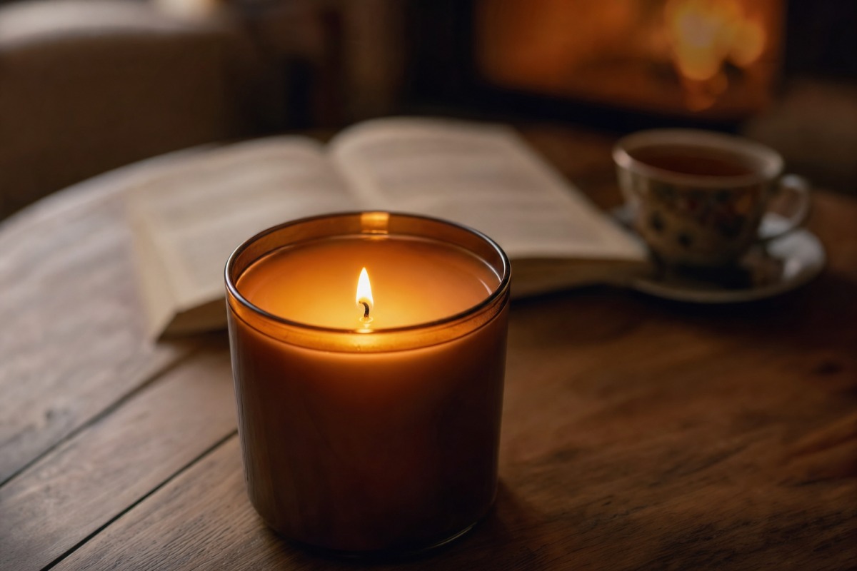 Bougie naturelle après de longues heures de combustion, à la cire uniformément fondue