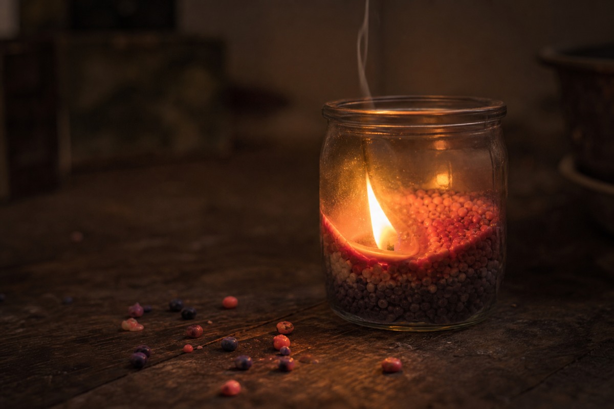 Flamme dans un verre rempli de granulés brûlant près de la fine paroi en verre, avec des grains de cire éparpillés sur la table.