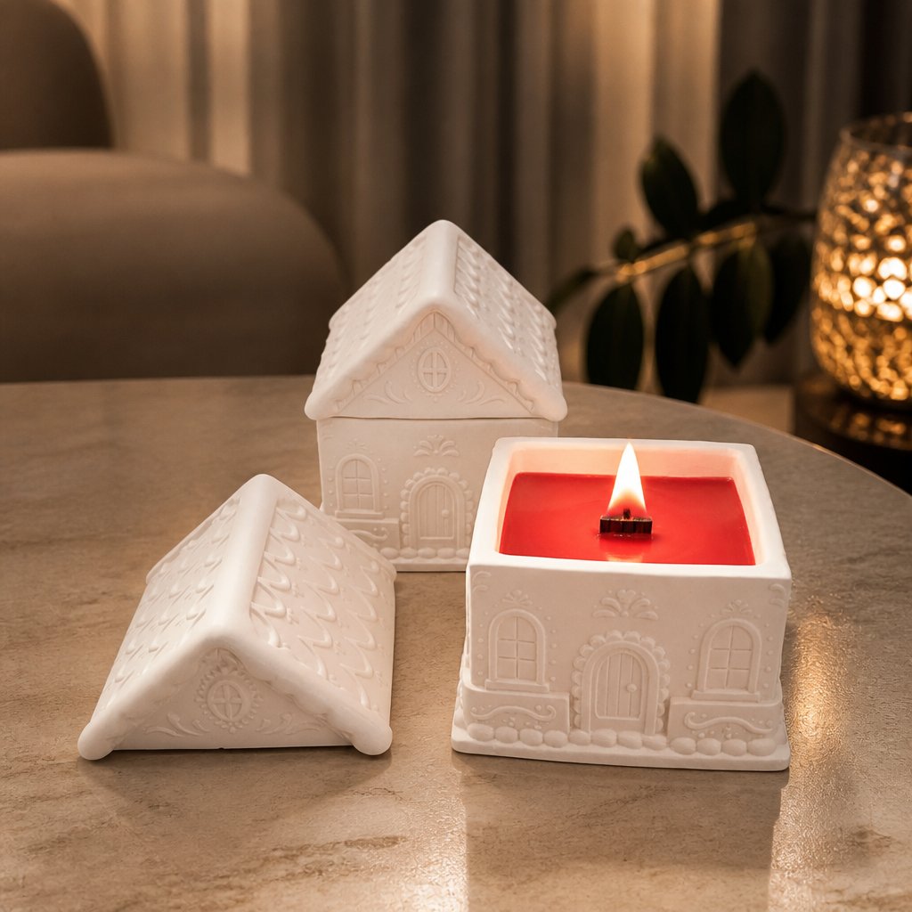 Bougie Maisonnette - Blanche / Fraise, Rhubarbe